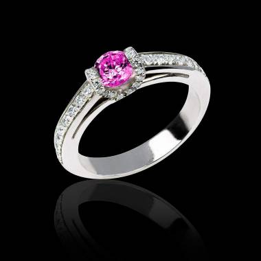 Bague de fiançailles saphir rose pavage diamant or blanc Hera