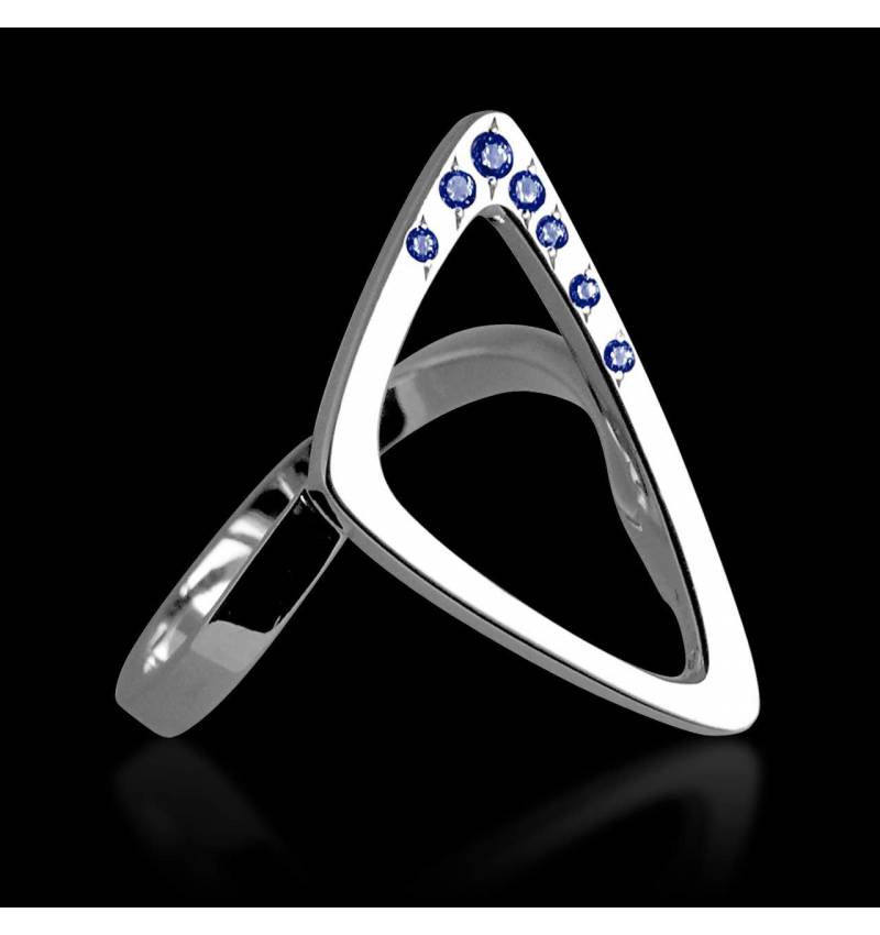 Bague de fiançailles saphir bleu 0,8 carat or blanc Triangle 