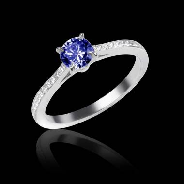 Bague de fiançailles saphir bleu pavage diamant or blanc Elodie