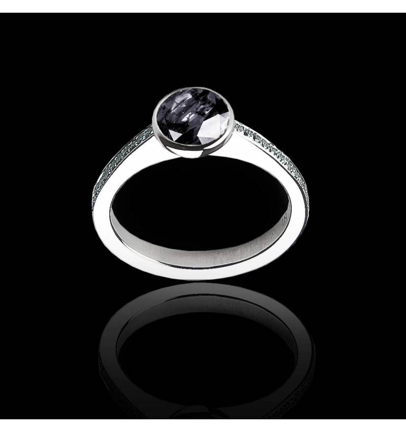 Bague de fiançailles diamant noir rond pavage diamant or blanc Moon