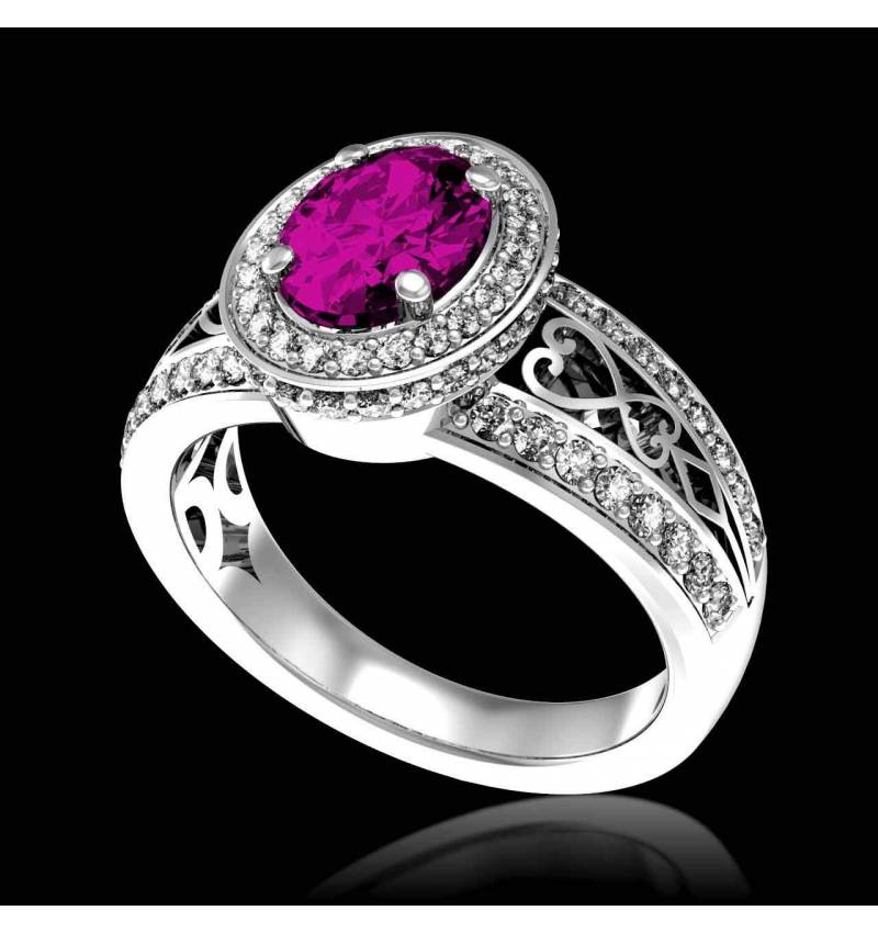 Bague de fiançailles saphir rose pavage diamant or blanc Tsarine