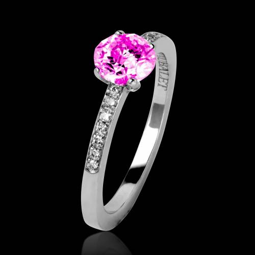 Bague de fiançailles saphir rose pavage diamant or blanc Judith