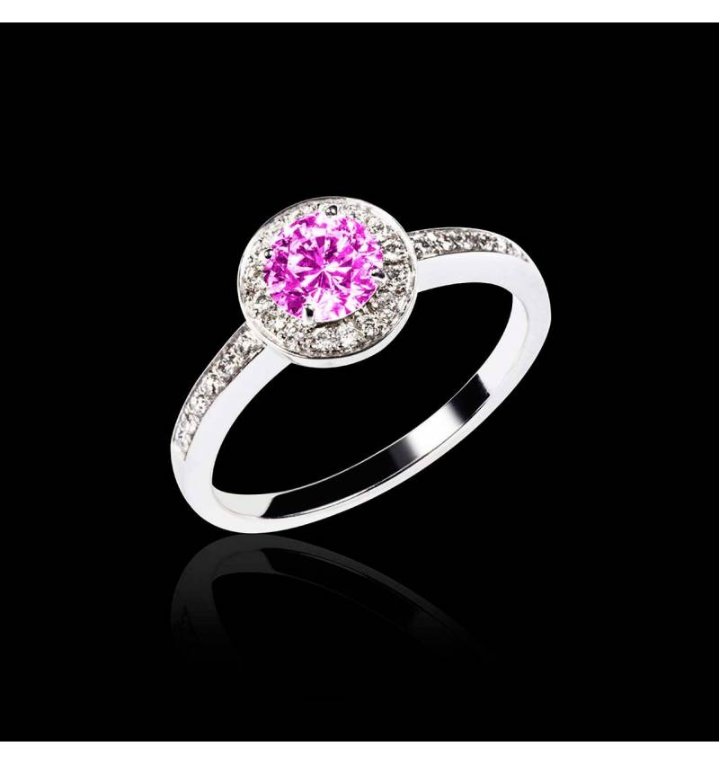 Bague de fiançailles saphir rose pavage diamant or blanc Rekha 