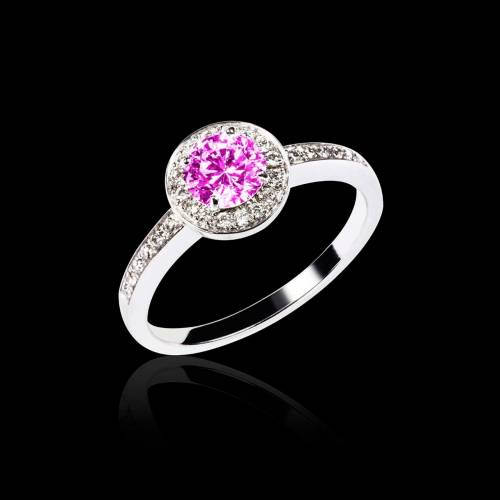 Bague de fiançailles saphir rose pavage diamant or blanc Rekha 