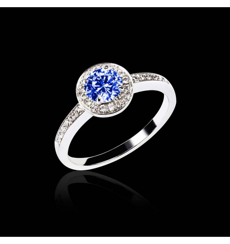 Bague de fiançailles saphir bleu pavage diamant or blanc Rekha 