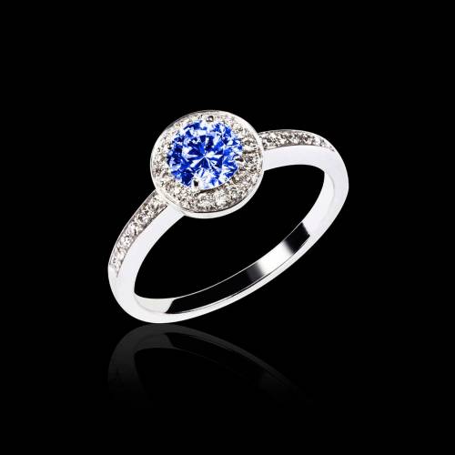 Bague de fiançailles saphir bleu pavage diamant or blanc Rekha 