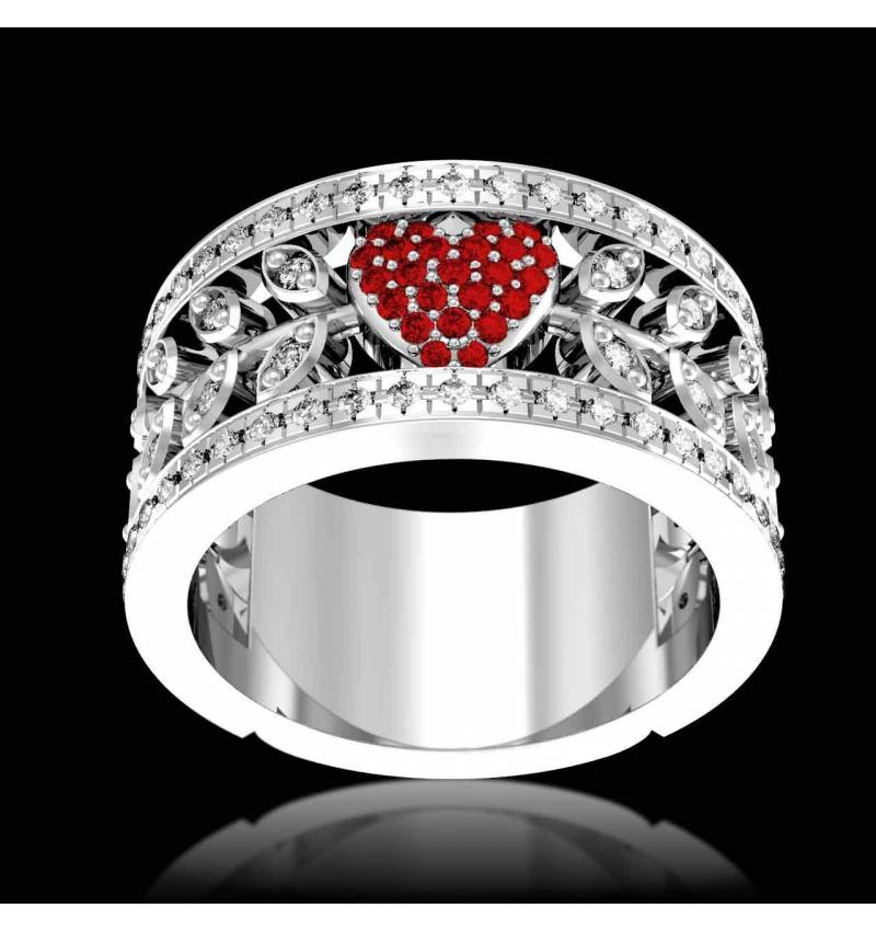 Bague de fiançailles rubis pavage diamant or blanc Flowers of Love