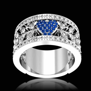 Bague de fiançailles saphir bleu pavage diamant or blanc Flowers of Love