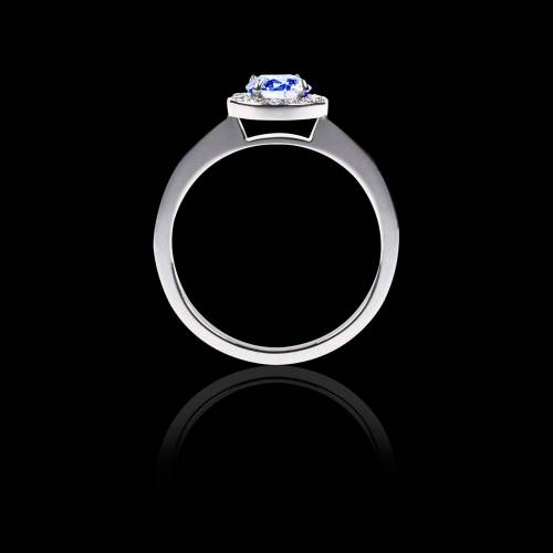 Bague de fiançailles saphir bleu pavage diamant or blanc Rekha Solo