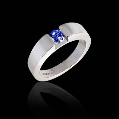 Bague de fiançailles saphir bleu rond or blanc Pyramide