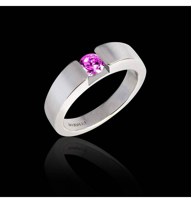 Bague de fiançailles saphir rose rond or blanc Pyramide