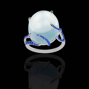 Bague Solitaire saphir bleu 0,9 carat or blanc Pierre de Lune