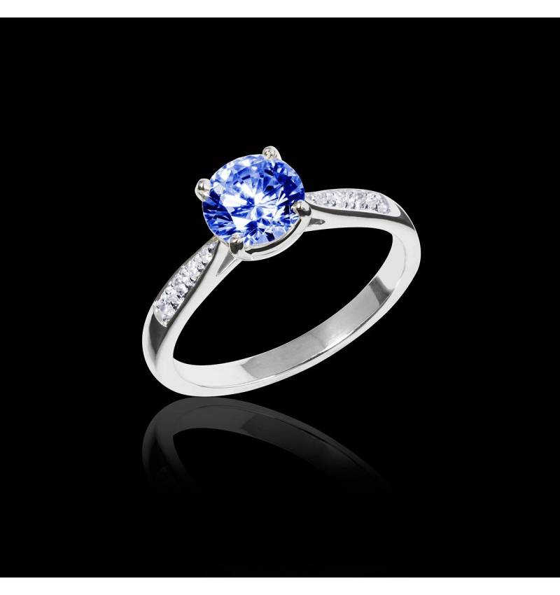 Bague de fiançailles saphir bleu pavage diamant or blanc Angela