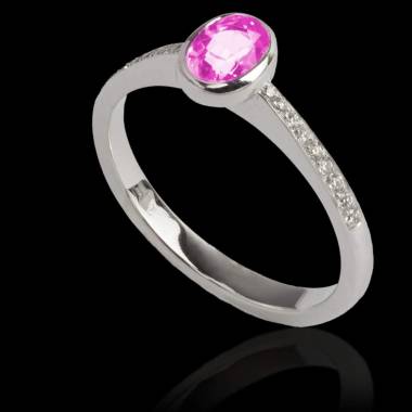 Bague de fiançailles saphir rose forme ovale pavage diamant or blanc Moon