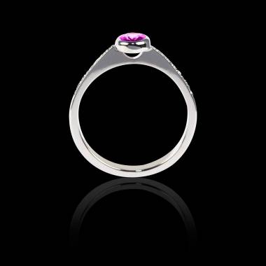 Bague Solitaire saphir rose forme ovale pavage diamant or blanc Moon