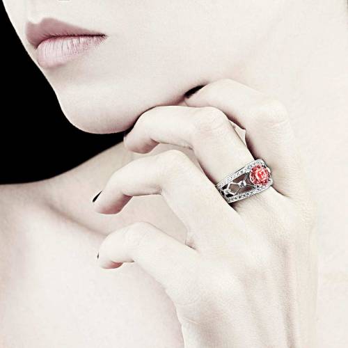 Bague de fiançailles rubis forme rond pavage diamant or blanc Régina Suprema 