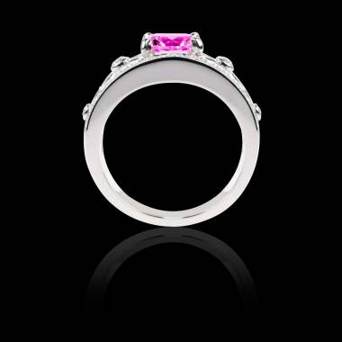 Bague Solitaire saphir rose forme rond pavage diamant or blanc Régina Suprema 