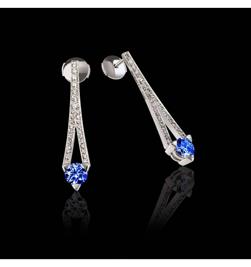 Boucles d’oreilles saphir bleu pavage diamant or blanc Plena Luna