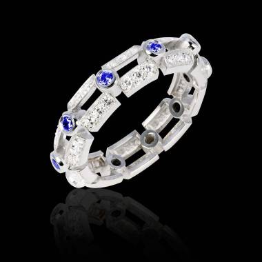 Bague de fiançailles saphir bleu 0,9 carat pavage diamant or blanc Terre