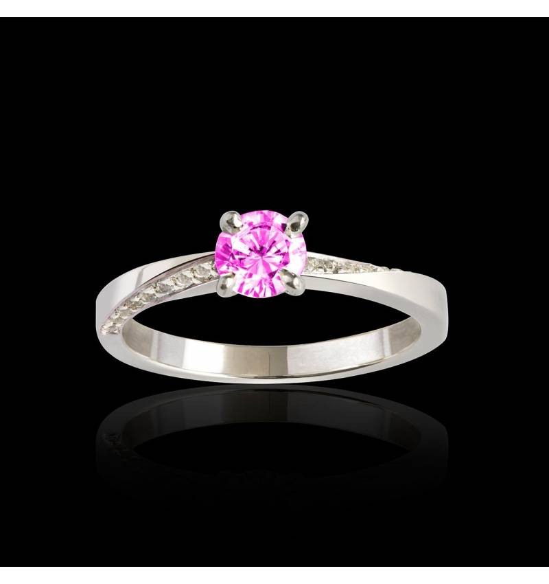 Bague de fiançailles saphir rose pavage diamant or blanc Meryem