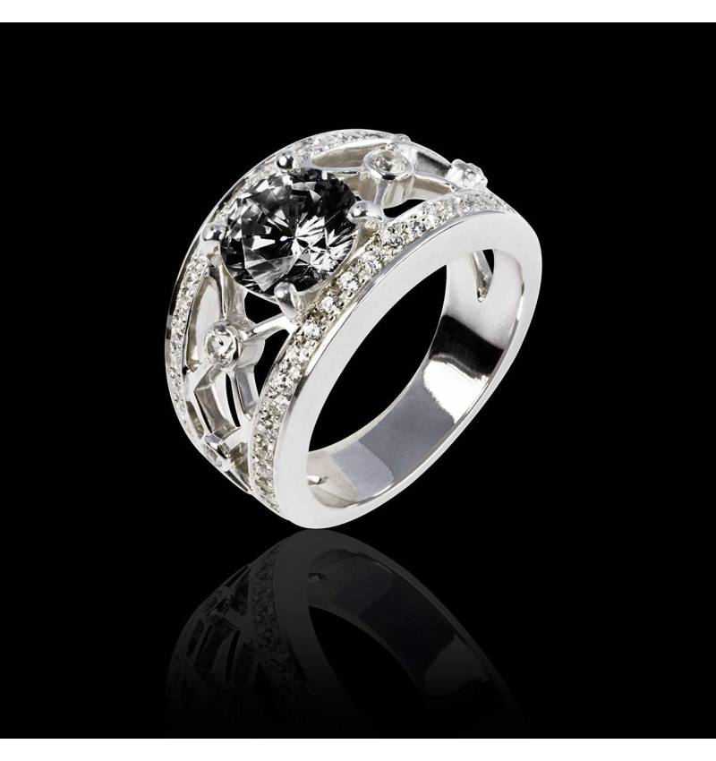 Bague de fiançailles diamant noir forme rond pavage diamant or blanc Régina Suprema 
