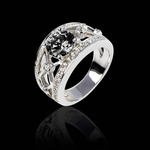 Bague de fiançailles diamant noir forme rond pavage diamant or blanc Régina Suprema 