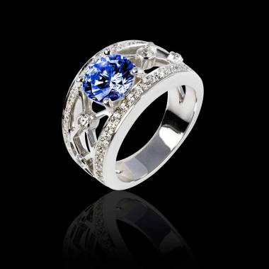 Bague de fiançailles saphir bleu forme rond pavage diamant or blanc Régina Suprema 