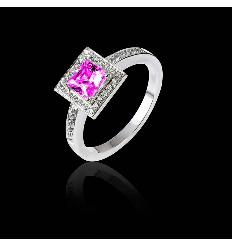 Bague de fiançailles saphir rose pavage diamant or blanc Perrine