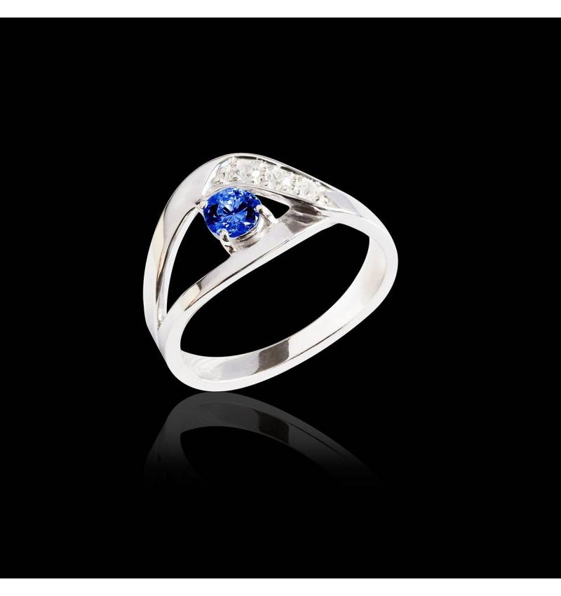 Bague de fiançailles saphir bleu pavage diamant or blanc Anaelle