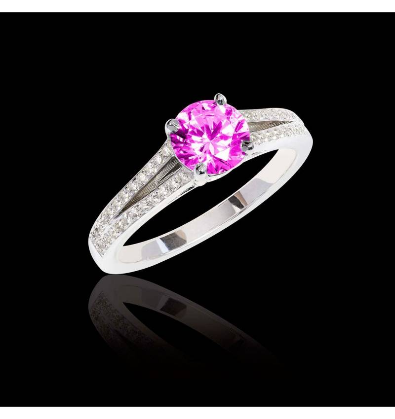 Bague de fiançailles saphir rose pavage diamant or blanc Marie 