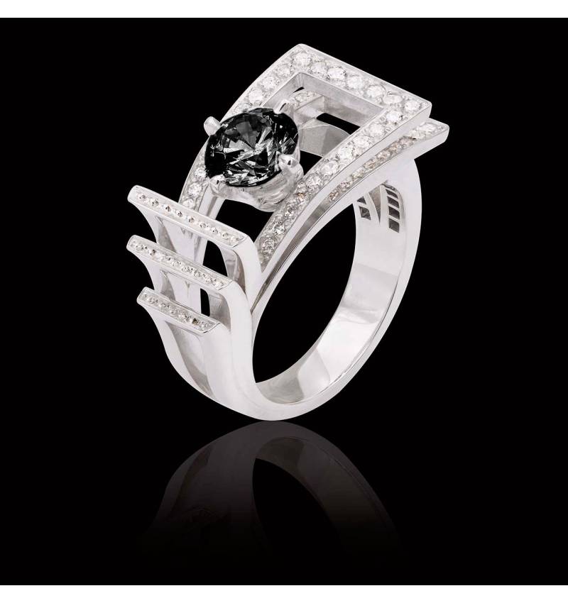 Bague de fiançailles diamant noir pavage diamant or blanc Romanesque