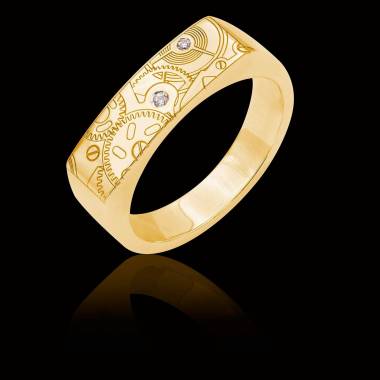 Bague Homme gravure motif de montre pavage diamant 0,6 carats or jaune Complications