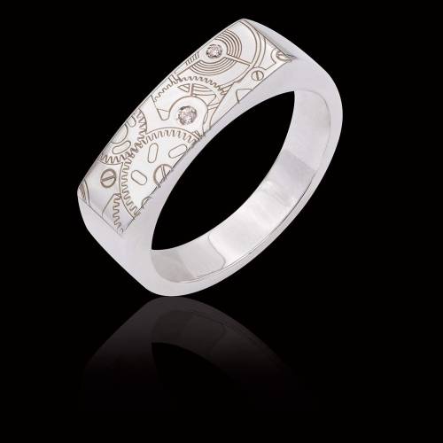 Bague Homme gravure motif de montre pavage diamant 0,7 carats platine Complications