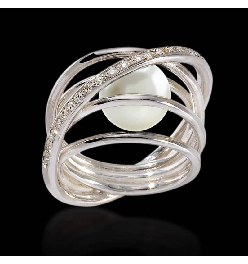 Bague de fiançailles perle blanche pavage diamant or blanc 18K Cache Cache