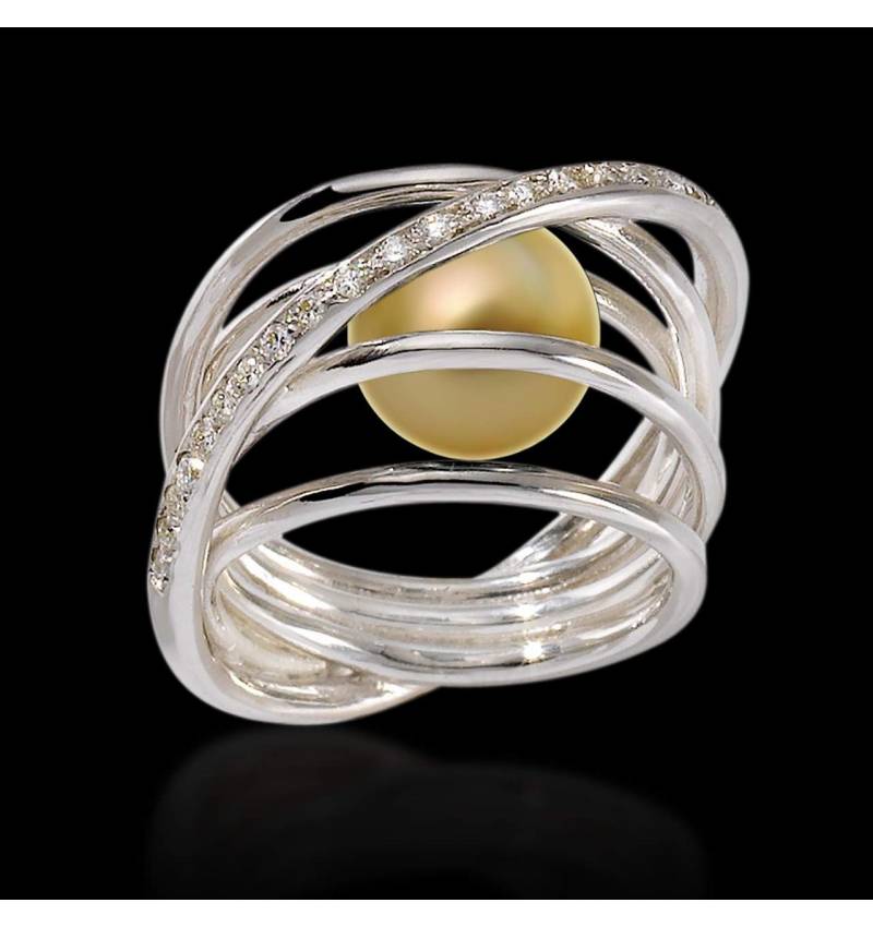 Bague de fiançailles perle gold pavage diamant en or blanc 18K Cache Cache