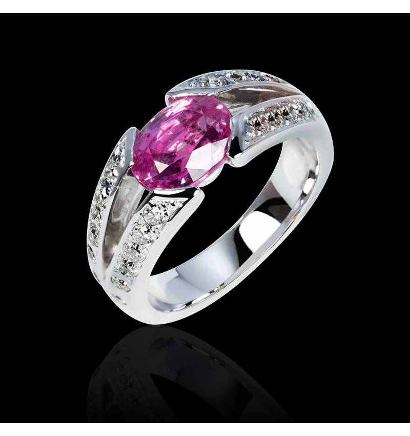 Bague de fiançailles saphir rose pavage diamant or blanc Isabelle