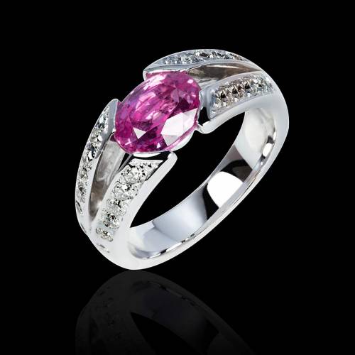 Bague de fiançailles saphir rose pavage diamant or blanc Isabelle