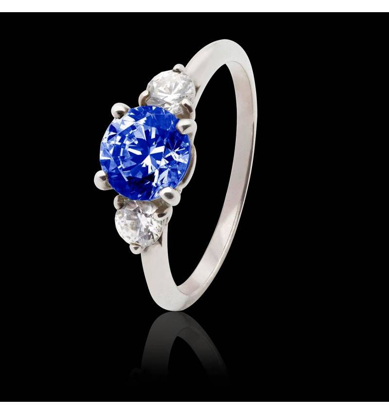 Bague de fiançailles saphir bleu pavage diamant or blanc Nayla